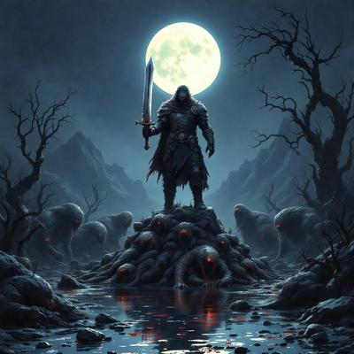 The primary subject of the image is a man holding a sword, standing on a pile of dead bodies. The setting is a dark, eerie environment with a full moon in the background. The visual style is a digital art or illustration, creating a dramatic and intense atmosphere. The dominant colors are dark shades, such as black, red, and grey, which contribute to the overall mood of the scene.
